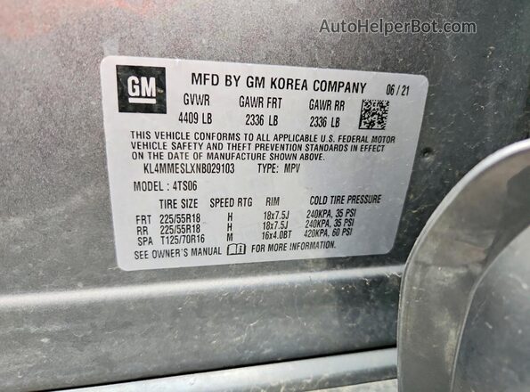 KL4MMESLXNB029103 2022 BUICK ENCORE Gray VIN կոդի պիտակի տեսք