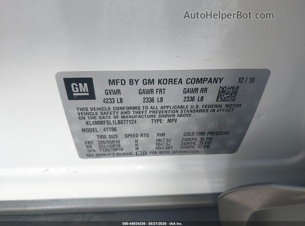 KL4MMFSL1LB077124 2020 BUICK ENCORE White ძრავის განყოფილების ხედი