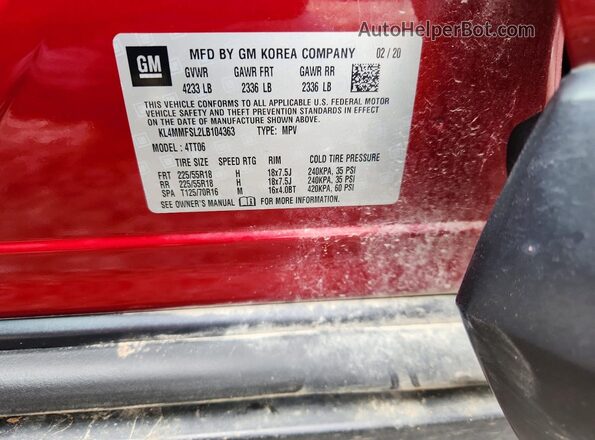 KL4MMFSL2LB104363 2020 BUICK ENCORE Бордовый Вид наклейки с VIN-кодом