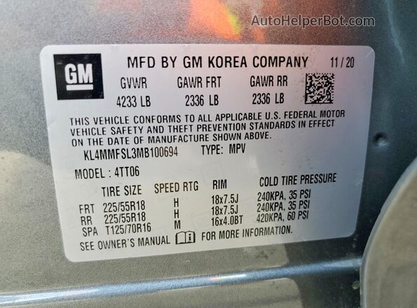KL4MMFSL3MB100694 2021 BUICK ENCORE Gray Вид наклейки з VIN-кодом