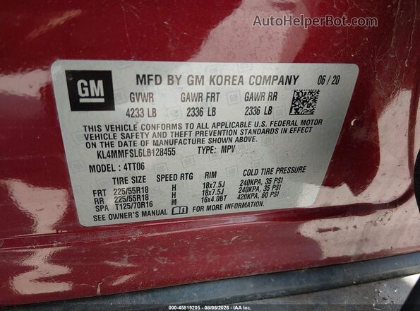 KL4MMFSL6LB128455 2020 BUICK ENCORE Темно-бордовый Вид подкапотного пространства