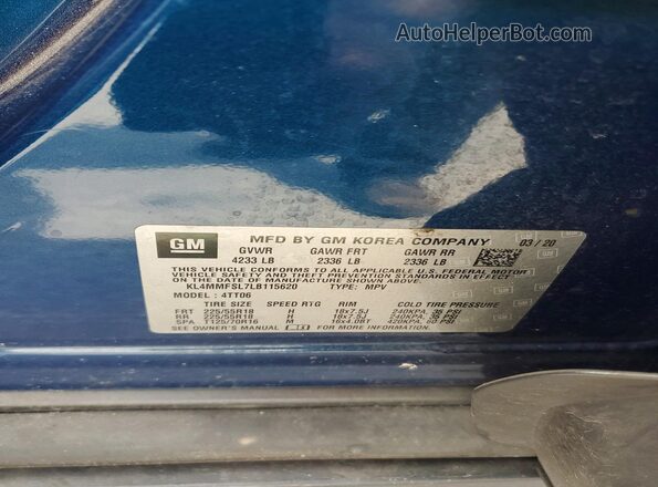 KL4MMFSL7LB115620 2020 BUICK ENCORE Blue Vista de la etiqueta del VIN
