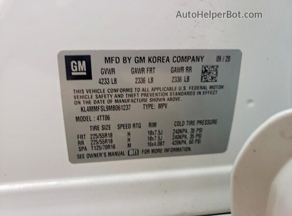 KL4MMFSL9MB061237 2021 BUICK ENCORE White VIN կոդի պիտակի տեսք