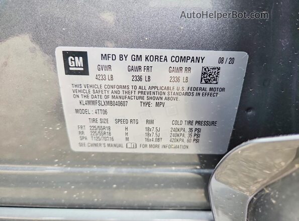 KL4MMFSLXMB040607 2021 BUICK ENCORE Gray VIN კოდის სტიკერის ხედი