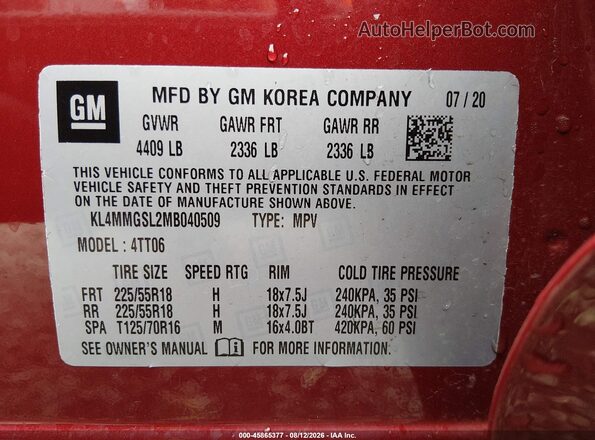 KL4MMGSL2MB040509 2021 BUICK ENCORE Red ძრავის განყოფილების ხედი