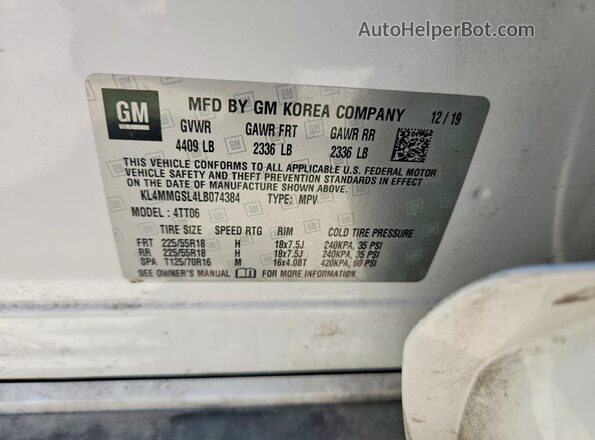 KL4MMGSL4LB074384 2020 BUICK ENCORE White VIN კოდის სტიკერის ხედი