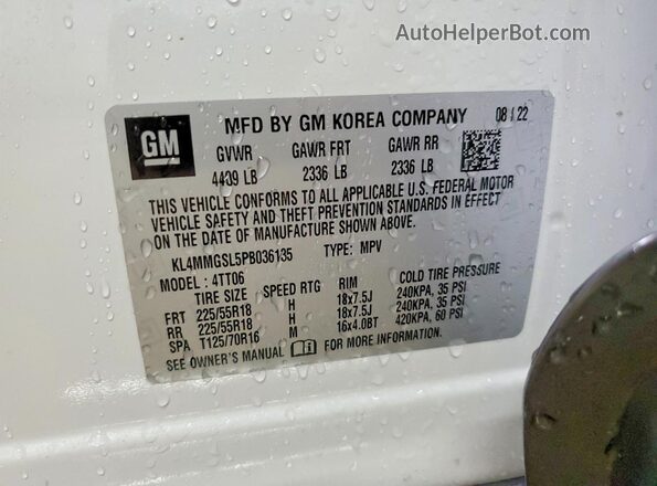 KL4MMGSL5PB036135 2023 BUICK ENCORE Белый Вид наклейки с VIN-кодом