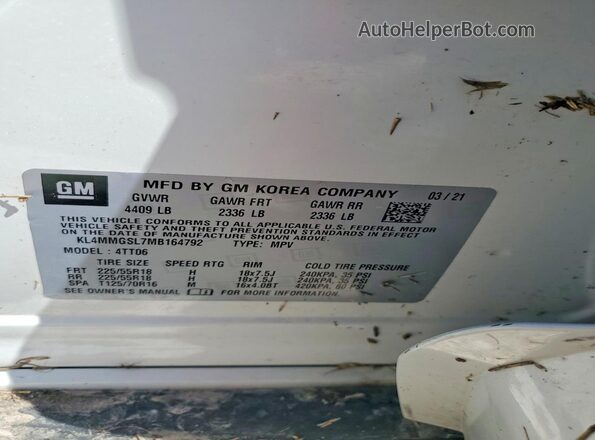 KL4MMGSL7MB164792 2021 BUICK ENCORE White VIN კოდის სტიკერის ხედი