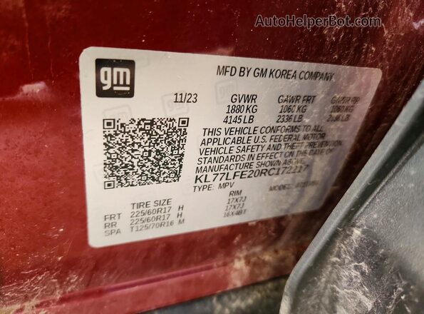 KL77LFE20RC172217 2024 CHEVROLET TRAX Burgundy Widok naklejki z numerem VIN