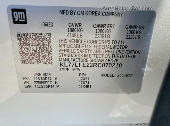 KL77LFE22RC070210 2024 CHEVROLET TRAX Белый Вид наклейки с VIN-кодом