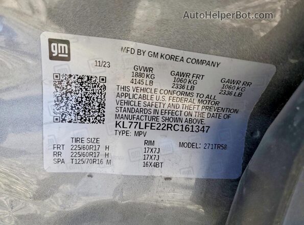 KL77LFE22RC161347 2024 CHEVROLET TRAX Gray Engine compartment view