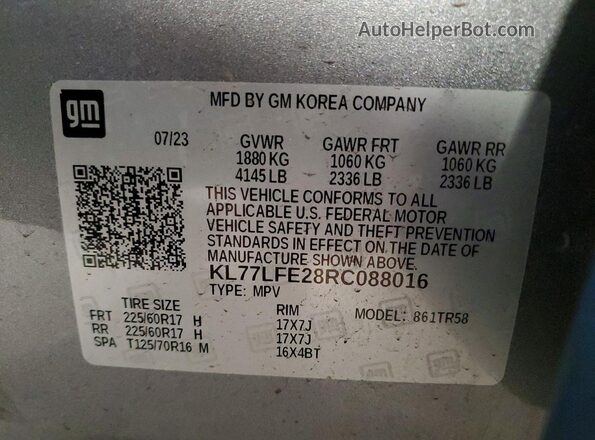 KL77LFE28RC088016 2024 CHEVROLET TRAX Серый Вид наклейки с VIN-кодом