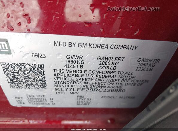 KL77LFE29RC136980 2024 CHEVROLET TRAX Maroon Вид підкапотного простору