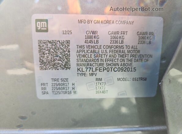 KL77LFEP0TC092015 2026 CHEVROLET TRAX Серый Панорамный вид салона 360°