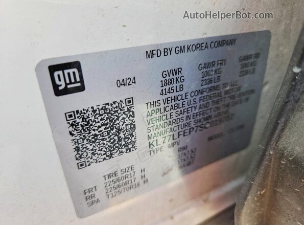 KL77LFEP7SC019707 2025 CHEVROLET TRAX White Вид наклейки з VIN-кодом