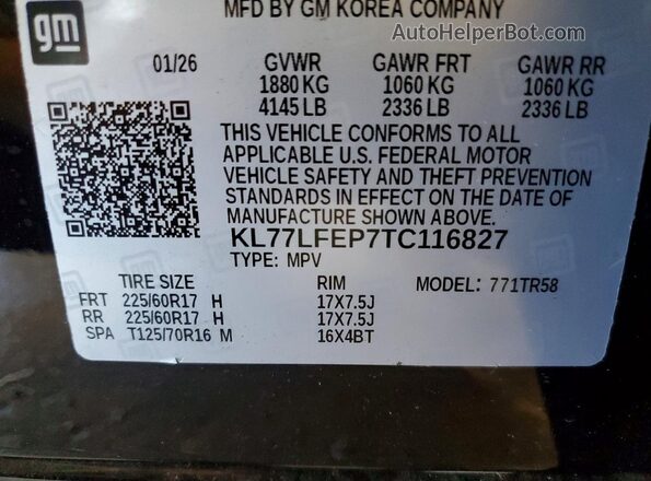 KL77LFEP7TC116827 2026 CHEVROLET TRAX Black VIN sticker view