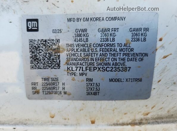 KL77LFEPXSC235387 2025 CHEVROLET TRAX White VIN կոդի պիտակի տեսք