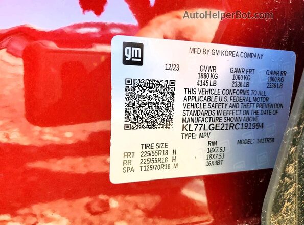 KL77LGE21RC191994 2024 CHEVROLET TRAX Red Vista de la etiqueta del VIN