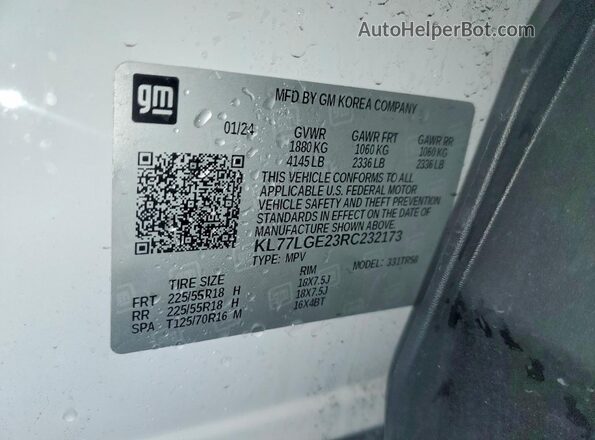 KL77LGE23RC232173 2024 CHEVROLET TRAX White VIN sticker view