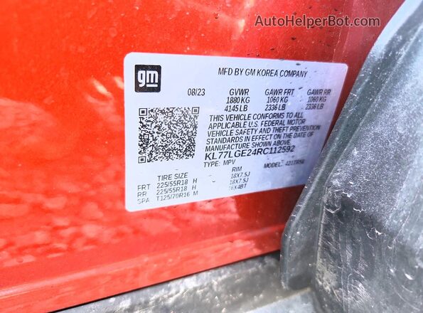 KL77LGE24RC112592 2024 CHEVROLET TRAX Red Vista de la etiqueta del VIN