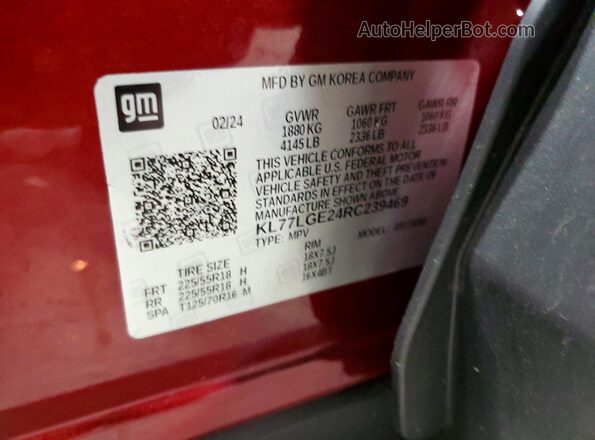 KL77LGE24RC239469 2024 CHEVROLET TRAX Burgundy VIN კოდის სტიკერის ხედი
