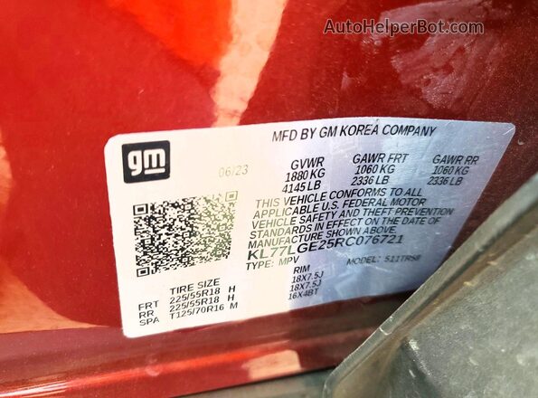 KL77LGE25RC076721 2024 CHEVROLET TRAX Burgundy Widok naklejki z numerem VIN