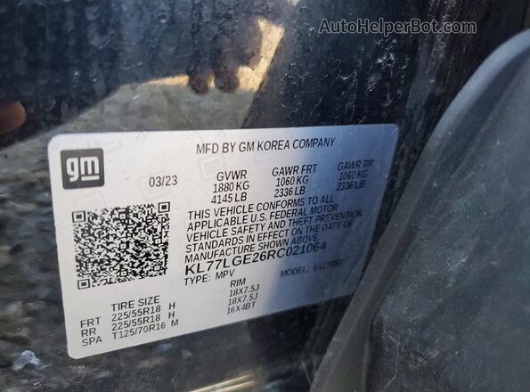 KL77LGE26RC021064 2024 CHEVROLET TRAX Black Vista de la etiqueta del VIN