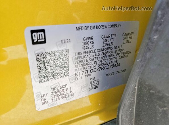 KL77LGE27RC228434 2024 CHEVROLET TRAX Yellow Vista de la etiqueta del VIN