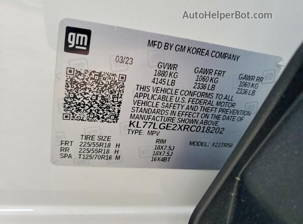 KL77LGE2XRC018202 2024 CHEVROLET TRAX White Вид наклейки з VIN-кодом