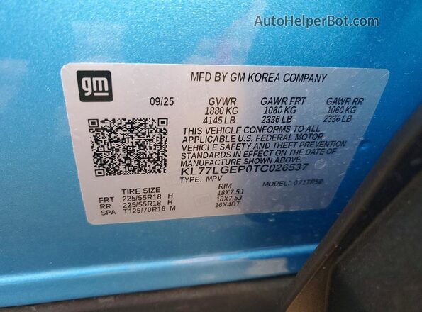 KL77LGEP0TC026537 2026 CHEVROLET TRAX Blue VIN կոդի պիտակի տեսք