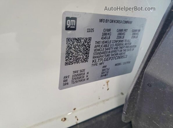 KL77LGEP3TC069513 2026 CHEVROLET TRAX Белый Вид наклейки с VIN-кодом