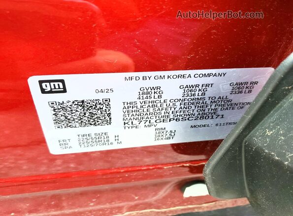 KL77LGEP6SC280171 2025 CHEVROLET TRAX Red VIN կոդի պիտակի տեսք