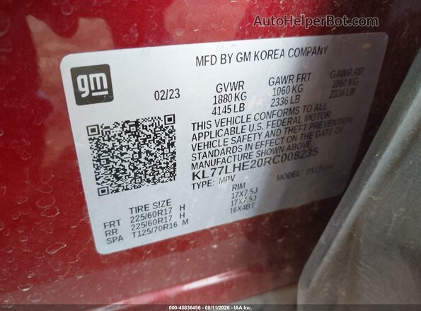 KL77LHE20RC008235 2024 CHEVROLET TRAX Red Engine compartment view
