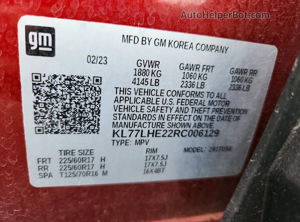 KL77LHE22RC006129 2024 CHEVROLET TRAX Red 360 interior view