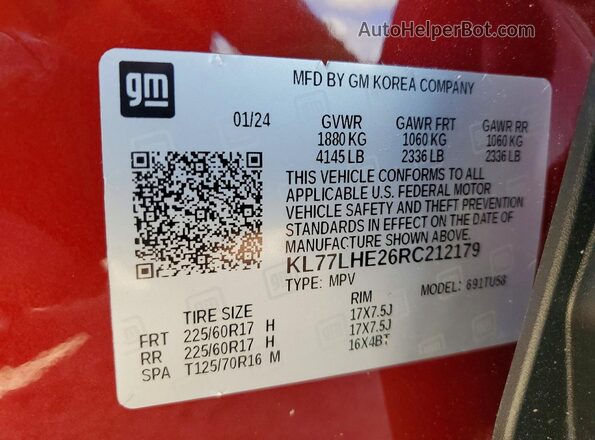 KL77LHE26RC212179 2024 CHEVROLET TRAX Red VIN კოდის სტიკერის ხედი
