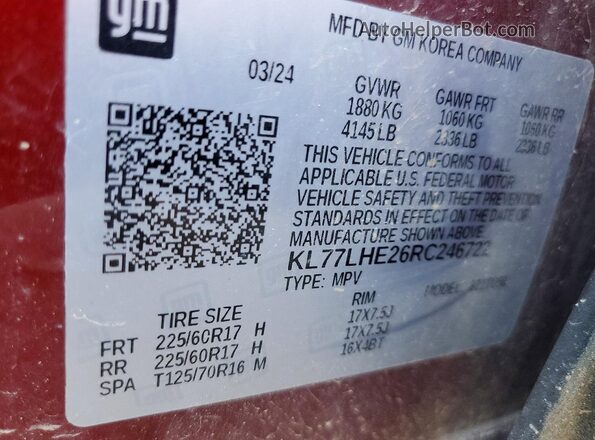 KL77LHE26RC246722 2024 CHEVROLET TRAX Red Vista interior de 360 grados