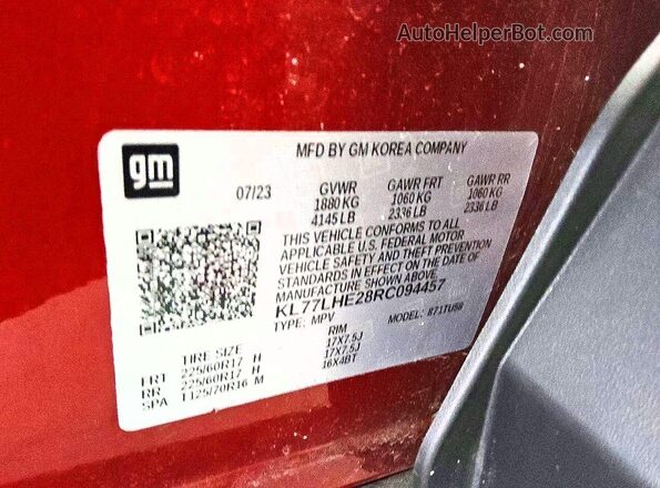 KL77LHE28RC094457 2024 CHEVROLET TRAX Red Widok naklejki z numerem VIN