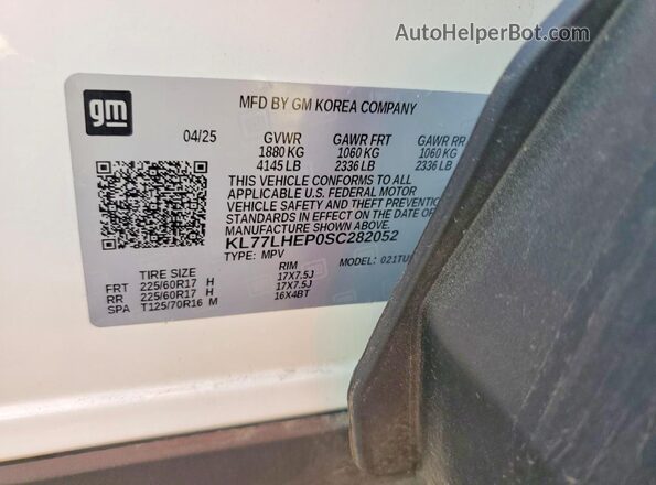 KL77LHEP0SC282052 2025 CHEVROLET TRAX White Vista de la etiqueta del VIN
