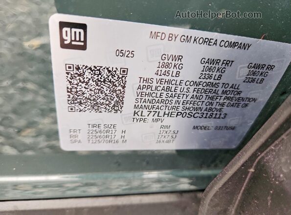 KL77LHEP0SC318113 2025 CHEVROLET TRAX Teal Widok naklejki z numerem VIN