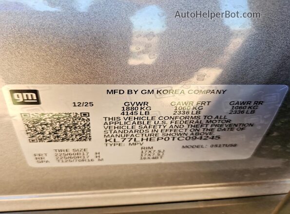 KL77LHEP0TC094245 2026 CHEVROLET TRAX Серебряный Вид наклейки с VIN-кодом