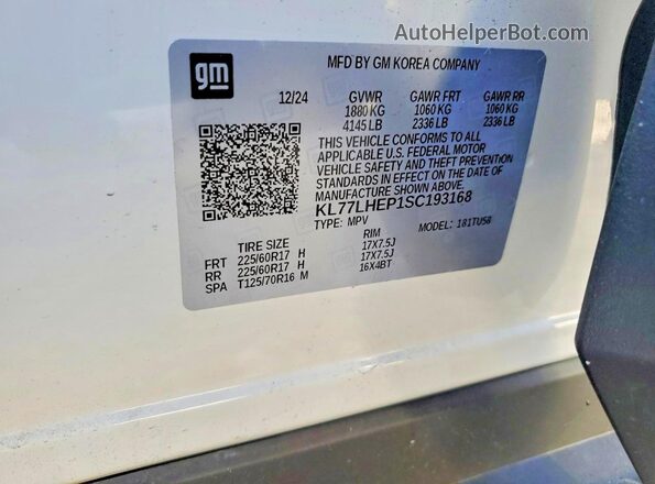 KL77LHEP1SC193168 2025 CHEVROLET TRAX White Vista de la etiqueta del VIN