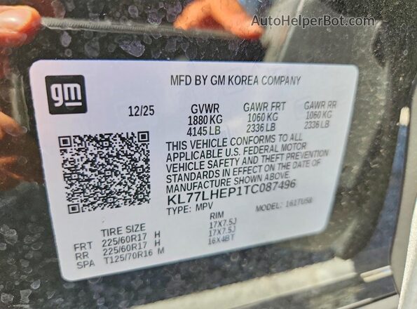 KL77LHEP1TC087496 2026 CHEVROLET TRAX Black VIN կոդի պիտակի տեսք