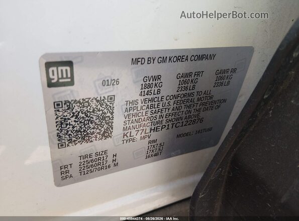 KL77LHEP1TC122876 2026 CHEVROLET TRAX White Vista del compartimento del motor