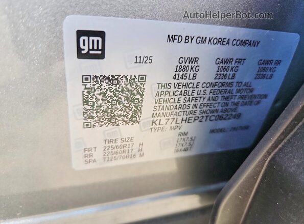 KL77LHEP2TC062249 2026 CHEVROLET TRAX Gray Vista de la etiqueta del VIN
