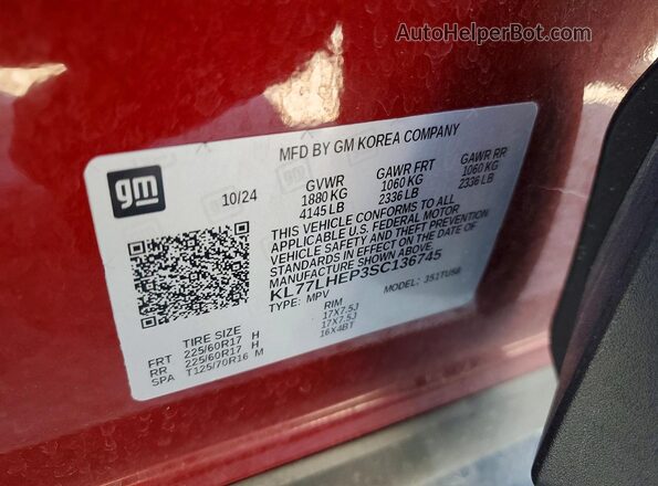 KL77LHEP3SC136745 2025 CHEVROLET TRAX Burgundy VIN կոդի պիտակի տեսք