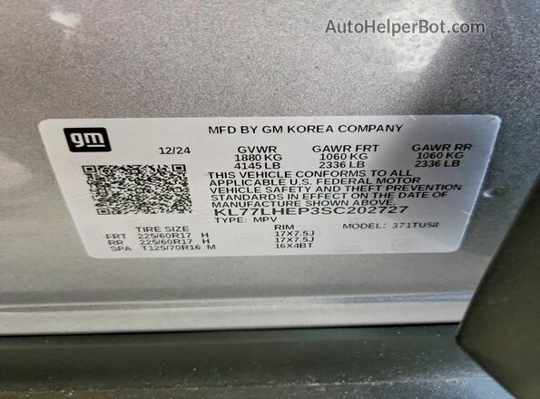 KL77LHEP3SC202727 2025 CHEVROLET TRAX Gray Вид наклейки з VIN-кодом