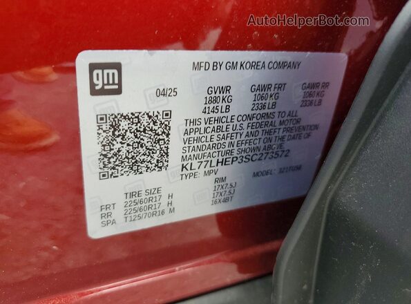 KL77LHEP3SC273572 2025 CHEVROLET TRAX Red Widok naklejki z numerem VIN