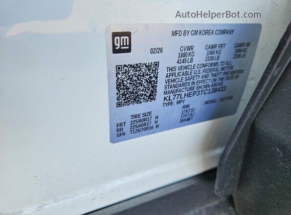 KL77LHEP3TC138433 2026 CHEVROLET TRAX White VIN կոդի պիտակի տեսք