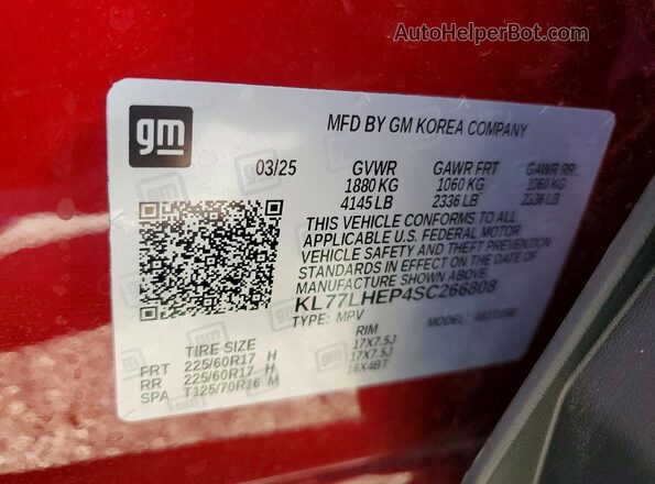 KL77LHEP4SC266808 2025 CHEVROLET TRAX Burgundy VIN կոդի պիտակի տեսք