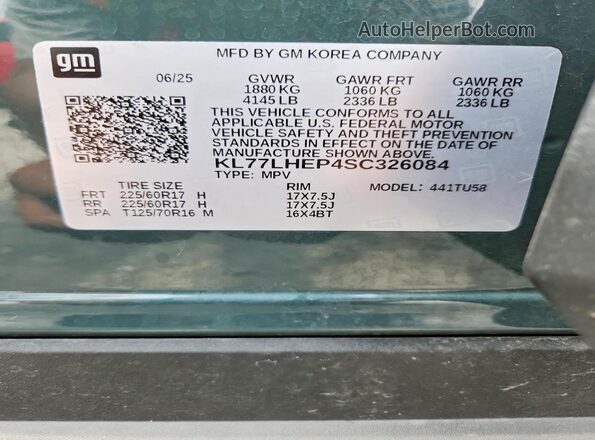 KL77LHEP4SC326084 2025 CHEVROLET TRAX Gray Vista de la etiqueta del VIN